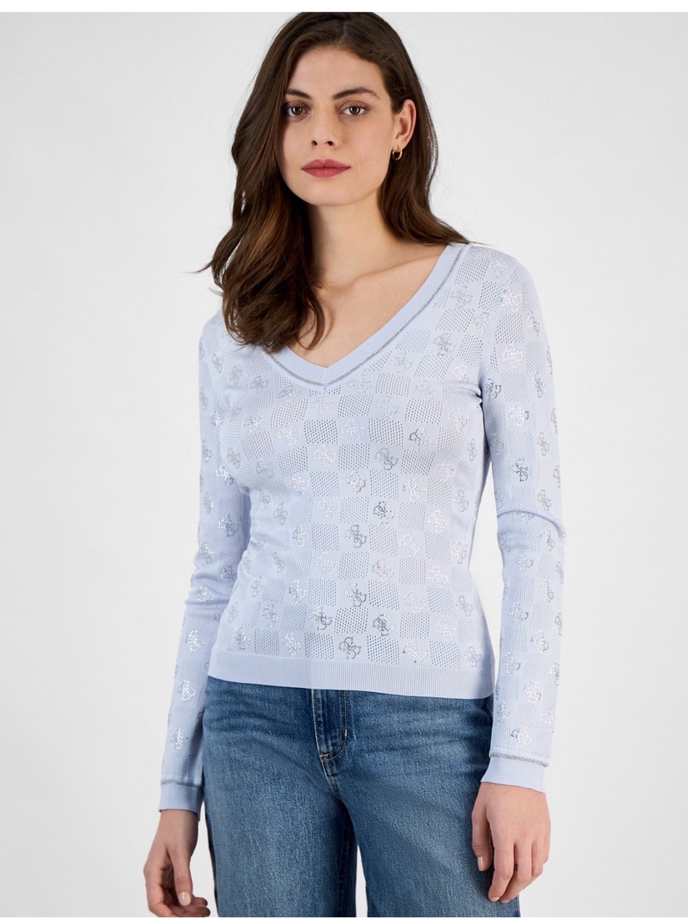 GUESS Light Blue V-Neck Rhinestone Sweater